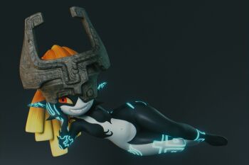 1girl 2025 3d arm_tattoo barefoot black_background black_skin blue_skin breasts colored_sclera colored_skin commentary covered_eyes english_commentary fang fang_out floating glowing glowing_tattoo grin hand_on_own_thigh helmet helmet_over_eyes leg_tattoo long_hair lying midna multicolored_skin navel nintendo no_nipples nude on_side orange_hair ponytail red_eyes sharp_teeth shortstack simple_background small_breasts smile strawberiie tattoo teeth the_legend_of_zelda the_legend_of_zelda:_twilight_princess thick_thighs thighs two-tone_skin wide_hips yellow_sclera