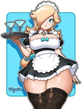 1girl black_dress black_thighhighs blonde_hair blue_background blue_eyes blue_nails border breasts cleavage_cutout closed_mouth clothing_cutout cowboy_shot dress earrings holding holding_tray jewelry large_breasts maid maid_headdress mario_(series) nintendo nyazuli pointy_ears polka_dot polka_dot_background rosalina short_sleeves smile solo standing thick_thighs thighhighs thighs tray white_border