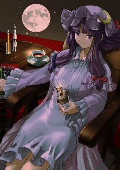1girl blue_bow book bow breasts capelet ceramic_sierra chair closed_mouth commentary_request crescent crescent_hat_ornament cup dress expressionless full_moon hair_bow hat hat_ornament highres large_breasts launch_vehicle miniature mob_cap moon on_chair patchouli_knowledge pink_capelet pink_hat purple_eyes purple_hair red_bow rocket rocket_ship saturn_v saucer sitting solo spacecraft sumiyoshi_rocket table tea teacup touhou white_dress