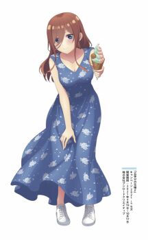 1girl artist_request blue_dress blue_eyes blush breasts brown_hair cleavage closed_mouth collarbone commentary_request dress floral_print floral_print_dress food full_body giving go-toubun_no_hanayome hair_between_eyes hand_on_own_knee holding holding_food holding_ice_cream ice_cream leaning_forward long_dress long_hair looking_at_viewer loosely_tucked_bangs nakano_miku print_dress shoes sidelocks simple_background sleeveless sleeveless_dress smile solo white_background white_shoes