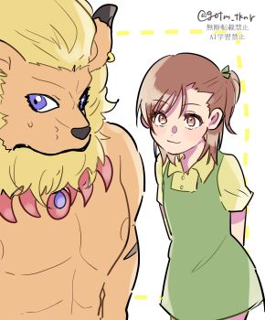 absurdres brown_eyes brown_hair digimon digimon_(creature) digimon_tamers hair_ornament hairpin highres katou_juri leomon long_hair ribbon sidetail