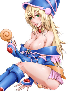Rule 34 | 1girl, bare shoulders, blonde hair, blue boots, boots, breasts, choker, cleavage, dark magician girl, duel monster, female focus, green eyes, hat, highres, large breasts, legs, pentacle, pentagram, rugu, simple background, skirt, solo, wizard hat, yu-gi-oh!, yu-gi-oh! duel monsters