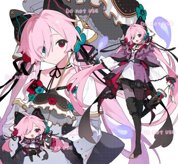 1girl :d ame_ame black_gloves black_pantyhose black_shorts blue_eyes boots brown_boots chibi closed_mouth dress full_body fur-trimmed_boots fur_trim gloves hair_between_eyes headscarf heterochromia highres long_hair long_sleeves looking_at_viewer multiple_views open_mouth original pantyhose pink_hair purple_dress red_eyes shorts simple_background smile standing thigh_boots twintails very_long_hair watermark white_background white_headscarf wide_sleeves