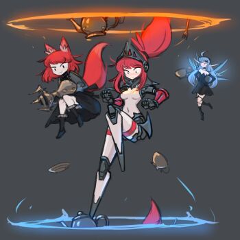 3girls absurdres android animal_ears black_dress black_socks blue_hair breasts closed_mouth completely_nude cup deformed dress fairy fairy_wings falling flying fork fox_ears fox_girl fox_tail full_body highres joints mechanical_arms mechanical_legs medium_breasts medium_hair midair multiple_girls navel no_feet nradiowave nude original parted_lips ponytail portal_(object) red_hair robot_joints simple_background size_difference smug socks tail tall_female teapot teleporter visor_(armor) wings