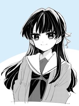 1girl cardigan closed_mouth commentary cropped_torso greyscale_with_colored_background hair_ribbon half_updo hasu_no_sora_school_uniform highres kanduki_kamibukuro link!_like!_love_live! long_hair looking_at_viewer love_live! mole mole_on_neck murano_sayaka neckerchief open_cardigan open_clothes ribbon sailor_collar school_uniform smile solo upper_body virtual_youtuber winter_uniform