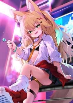 1girl animal_ear_fluff animal_ears blonde_hair bra candy clothes_around_waist food fox_ears fox_girl fox_tail green_eyes gyaru highres holding holding_food kokonoe_tsubaki loli lollipop long_hair necktie open_clothes open_shirt original paid_reward_available panties shirt skirt smile socks solo tail underwear white_shirt yoshizawa_tsubaki