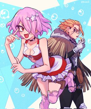 1boy 1girl black_choker blonde_hair boots breasts choker cigarette cleavage dr._stone dress fire gloves hair_ornament hair_over_one_eye highres holster lighter lipstick looking_at_viewer luna_wright makeup medium_breasts open_mouth orange_hair pink_hair purple_eyes red_eyes short_hair smile stanley_snyder_(dr.stone) star_(symbol) star_face_mark star_hair_ornament striped_clothes striped_dress thigh_boots thigh_strap thighhighs white_gloves yimuno