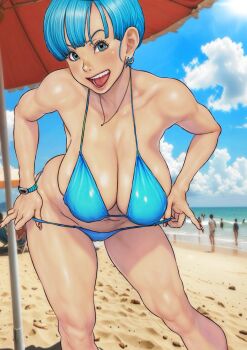 1girl absurdres aqua_hair b_0_rukia bare_legs bare_shoulders beach beach_umbrella bikini blue_bikini blue_eyes blunt_bangs breasts bulma buruma cleavage cloud cloudy_sky collarbone commentary dragon_ball dragon_ball_(classic) earrings english_commentary fingernails hanging_breasts happy highres jewelry leaning_forward looking_at_viewer nail_polish navel necklace open_mouth outdoors people sand short_hair single_earring sky solo_focus sun sunlight swimsuit teeth umbrella upper_body watch wristwatch