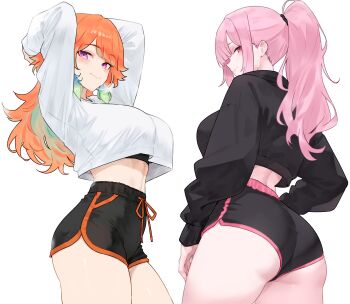 2girls absurdres alternate_costume alternate_hairstyle arms_behind_head ass ass_focus black_jacket black_shorts bluefield blush breasts closed_mouth dolphin_shorts earrings feather_earrings feathers gradient_hair green_hair high-waist_pants highres hololive hololive_english jacket jewelry large_breasts long_hair long_sleeves looking_at_viewer median_furrow midriff mori_calliope multicolored_hair multiple_girls orange_hair pants pink_background pink_eyes pink_hair pink_theme pink_trim ponytail purple_eyes shirt shirt_overhang shorts simple_background smile sweat takanashi_kiara thighs virtual_youtuber white_background white_shirt