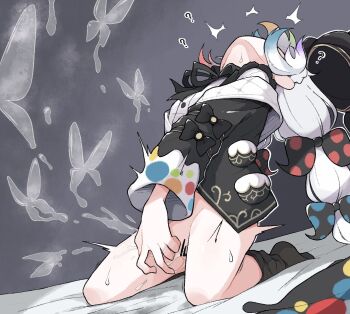 Rule 34 | 1girl, ?, beret, black bow, black hat, black ribbon, black socks, bow, female masturbation, female orgasm, gradient hair, hair bow, hat, herutsu (hz84997592), highres, jogasaki noah, kneeling, long hair, long sleeves, magic, mahou shoujo no majo saiban, masturbation, multicolored hair, neck ribbon, on bed, orgasm, polka dot, polka dot bow, pussy juice, ribbon, socks, solo, sweat, white hair