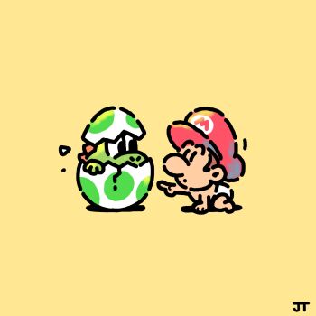 2boys baby baby_animal baby_mario big_nose black_eyes broken_egg brown_hair chibi chibi_only commentary diaper egg english_commentary eye_contact from_side furry furry_male hat hatching highres james_turner looking_at_another male_focus mario mario_(series) multiple_boys nintendo pointing pointing_at_another red_hat short_hair signature simple_background super_mario_world_2:_yoshi's_island yellow_background yoshi yoshi_egg