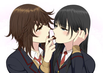 2girls absurdres black_hair black_jacket blazer blue_eyes brown_eyes brown_hair candy chocolate chocolate_heart collared_shirt commentary_request eye_contact feeding food heart heart-shaped_food highres jacket long_hair looking_at_another medium_hair multiple_girls necktie original parted_lips pink_background red_necktie ryuusa school_uniform shirt tucking_hair upper_body white_background white_shirt yuri