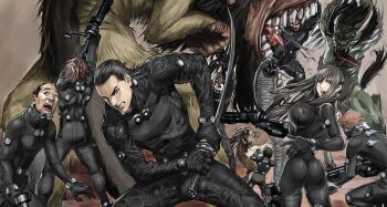 1girl 6+boys arms_up balding battle battoujutsu_stance black_bodysuit black_hair bodysuit bouncing_breasts breasts brown_eyes brown_hair clenched_teeth cobra_(animal) facing_away fangs fighting_stance gantz gantz_suit gantz_sword gun hair_between_eyes hair_slicked_back highres holding holding_gun holding_weapon horns katou_masaru kaze_daizaemon koumoto_takeshi_(gantz) large_breasts latex latex_bodysuit leaning_forward lips long_hair looking_back looking_up mature_male monster motion_blur multiple_boys official_art oku_hiroya oni open_hand open_mouth ready_to_draw running sakurai_hiroto_(gantz) shimohira_reika short_hair skin_tight smoke standing sunglasses suzuki_yoshikasu sweat teeth tongue tongue_out traditional_youkai upper_teeth_only weapon wrinkled_skin x-gun x-rifle