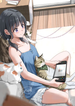 1girl animal animal_on_lap bed black_hair blue_camisole blurry blurry_foreground blush book book_stack breasts camisole carpet cat cat_on_lap closed_mouth clothed_animal collarbone commentary_request depth_of_field door frilled_skirt frills from_above glass_door handheld_game_console highres holding holding_handheld_game_console indian_style indoors leaning_back living_room looking_down low_twintails medium_hair multiple_cats on_floor on_lap original purple_eyes signature sitting skirt slice_of_life sliding_doors small_breasts smile solo soragane_(banisinngurei) table twintails watermark white_skirt wooden_floor