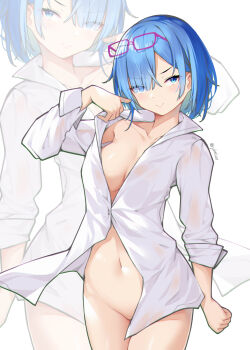>:) 1girl absurdres alternate_costume arm_up blue_eyes blue_hair blush breasts cleavage closed_mouth collared_shirt cowboy_shot eyes_visible_through_hair eyewear_on_head glasses groin hair_over_one_eye highres long_sleeves looking_at_viewer medium_breasts naked_shirt navel no_bra no_panties open_clothes open_shirt partially_unbuttoned pink-framed_eyewear re:zero_kara_hajimeru_isekai_seikatsu rem_(re:zero) shirt short_sleeves simple_background smile solo stomach twitter_username unbuttoned unbuttoned_shirt v-shaped_eyebrows white_background white_shirt yimiao zoom_layer