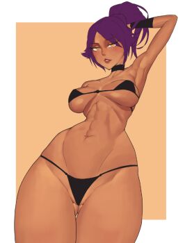 1girl abs arm_behind_head bare_shoulders beuto bikini bleach border breasts choker collarbone dark-skinned_female dark_skin female_focus hair_ornament large_breasts light_blush long_hair navel parted_bangs parted_lips ponytail purple_hair shihouin_yoruichi shiny_skin simple_background stomach swimsuit thighs toned toned_female white_border yellow_eyes