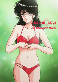 1girl :d ayukawa_madoka bare_arms bikini black_hair breasts cleavage collarbone cowboy_shot green_background green_eyes halterneck highres kimagure_orange_road long_hair looking_at_viewer medium_breasts navel open_mouth red_bikini retro_artstyle smile solo standing straight_hair swimsuit waeba_yuusee watermark