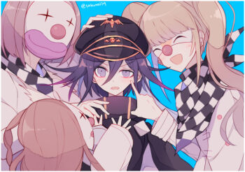1boy 3girls ^_^ aegyo_sal afterimage akanbe annoyed belt black_cloak black_hat black_scarf blonde_hair blue_background brown_hair buttons checkered_clothes checkered_scarf cloak closed_eyes clown_mask collared_cloak colored_tips commentary_request danganronpa_(series) danganronpa_v3:_killing_harmony dice_members_(danganronpa) dot_nose eye_mask eyelid_pull frown furrowed_brow hair_between_eyes happy harem hat high_collar jacket light_blush long_hair long_hair_between_eyes long_sleeves mask multicolored_hair multiple_girls oma_kokichi one_side_up open_mouth orange_hair peaked_cap purple_eyes purple_hair sakura_(fein5862817) scarf short_hair simple_background sleeves_past_wrists smile straight-on tongue tongue_out twintails twitter_username two-tone_scarf waving white_belt white_jacket white_mask white_scarf wrist_belt