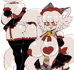 Rule 34 | 1girl, animal ear fluff, animal ears, ass, bell, blunt bangs, blush, bow, breasts, cat ears, cat girl, cat tail, catmaid (cibastion), cibastion, colored skin, huge breasts, maid, maid headdress, open mouth, orange eyes, original, pasties, short hair, smile, solo, sweat, tail, thighhighs, thong, white hair, white skin