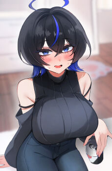 1girl absurdres beer_can black_hair black_pants black_sweater blue_hair blue_streaks blush breasts can colored_inner_hair drink drink_can highres holding holding_can holding_drink huge_breasts mole mole_under_eye multicolored_hair niku_(hamuchang) open_mouth original pants ribbed_sweater sleeveless sleeveless_sweater solo streaked_hair sweater tongue turtleneck turtleneck_sweater