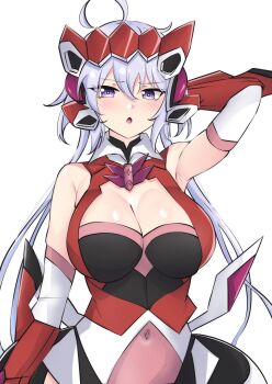 1girl absurdres ahoge armpits bare_shoulders blush breasts cleavage commentary_request detached_sleeves highres latte_(latte_daruta2) long_hair looking_at_viewer open_mouth purple_eyes senki_zesshou_symphogear solo twintails white_hair yukine_chris