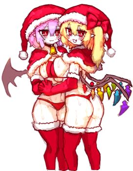 2girls bat_wings bikini black_wings blonde_hair blush breast_press breasts capelet commentary english_commentary fang flandre_scarlet fur_trim groin highres large_breasts looking_at_viewer medium_hair multiple_girls one_side_up open_mouth purple_hair rampa93 red_bikini red_capelet red_eyes red_thighhighs remilia_scarlet santa_costume short_hair siblings simple_background sisters skin_fang swimsuit symmetrical_docking thighhighs touhou white_background wings