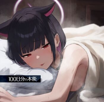 1girl :p absurdres animal_ears black_hair blue_archive breasts cat_ears cat_girl colored_inner_hair commentary_request dio_nand extra_ears halo highres kazusa_(blue_archive) looking_at_viewer lying medium_breasts multicolored_hair on_stomach pillow pink_hair pink_halo red_eyes short_hair solo tongue tongue_out two-tone_hair under_covers