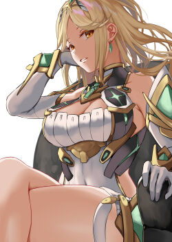 1girl bare_shoulders blonde_hair breasts chair chest_jewel cleavage cleavage_cutout clothing_cutout core_crystal_(xenoblade) crossed_legs dress earrings highres jewelry large_breasts long_hair microdress mythra_(xenoblade) sail_(sail-away) simple_background sitting solo tiara upper_body white_background white_dress xenoblade_chronicles_(series) xenoblade_chronicles_2