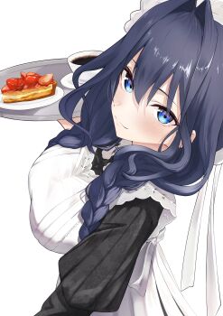 1girl absurdres apron black_dress black_hair blue_eyes braid closed_mouth coffee cup dress food from_above hair_intakes hat highres holding holding_tray hololive hololive_english ilie_ilie low_twin_braids maid_apron mob_cap official_alternate_costume official_alternate_hairstyle ouro_kronii ouro_kronii_(maid) saucer simple_background smile solo tart_(food) tart_slice teacup tray twin_braids virtual_youtuber white_apron white_background