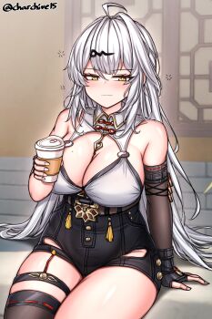 1girl absurdres black_gloves black_shorts blush breasts ch_(charchive15) closed_mouth cup disposable_coffee_cup disposable_cup fingerless_gloves gloves hair_ornament hairclip high-waist_shorts highres holding holding_cup large_breasts light_smile long_hair looking_at_viewer mole mole_on_breast shorts single_sleeve single_thighhigh sitting solo thighhighs thighs white_hair yellow_eyes yin_yang_pin yixuan_(zenless_zone_zero) zenless_zone_zero