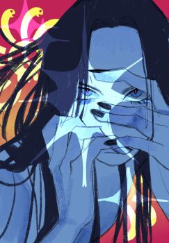 1girl alt_text black_hair black_nails blue_eyes blue_skin boa_hancock colored_skin commentary eyelashes gradient_background highres kuja_pirates_jolly_roger long_hair looking_at_viewer one_piece red_eyes riicolato solo sparkle