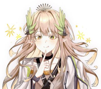 Rule 34 | 1girl, :q, arknights, black choker, blonde hair, blunt ends, bracelet, choker, coat, collarbone, dot nose, elf, hair intakes, hair ornament, infection monitor (arknights), jewelry, lab coat, laurel crown, loglcoma, long hair, long sleeves, looking at viewer, muelsyse (arknights), no mole, open clothes, open coat, pointing, pointing up, pointy ears, simple background, solo, tongue, tongue out, upper body, white background, white coat, yellow eyes