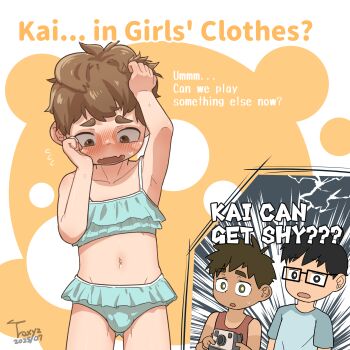 3boys bikini camera clothes_lift crossdressing crossdressing_(mtf) embarrassed frilled_bikini frills highres holding holding_camera multiple_boys shota swimsuit tagme taking_picture tan toxyz