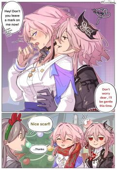 3girls bite_mark bite_mark_on_face black_flower black_gloves black_jacket blush cesar_zebrah christmas christmas_tree closed_eyes commentary dual_persona english_commentary english_text evernight_(honkai:_star_rail) flower gloves grey_hair hair_flower hair_ornament hand_on_another's_waist head_bump hickey highres honkai:_star_rail honkai_(series) jacket long_hair march_7th_(honkai:_star_rail) multiple_girls open_mouth pink_hair purple_eyes purple_skirt red_eyes red_scarf scarf selfcest shirt skirt smile speech_bubble stelle_(honkai:_star_rail) trailblazer_(honkai:_star_rail) white_shirt yellow_eyes yuri