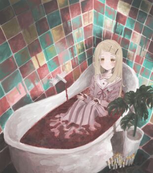 Rule 34 | 1girl, absurdres, bath, bathroom, bathtub, blonde hair, blood, blood on hands, blush, candle, clothed bath, collarbone, colored eyelashes, commentary, corsage, flower, from above, gakuen idolmaster, hair ornament, hairclip, highres, idolmaster, in bathtub, indoors, long hair, long skirt, long sleeves, looking at viewer, neck ribbon, orange eyes, parallel hairclips, parted bangs, partially submerged, pink shirt, pink skirt, plant, pleated skirt, potted plant, red ribbon, ribbon, sailor collar, school uniform, serafuku, shinosawa hiro, shirt, sitting, skirt, solo, tile wall, tiles, timesoe, white flower, white sailor collar
