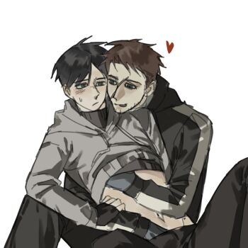 2boys afraid_of_monsters bag beard_stubble black_gloves black_hair black_hoodie black_shirt blush brotherhon56337 brown_hair creator_connection cry_of_fear david_leatherhoff facial_hair fingerless_gloves gloves grey_gloves grey_hoodie groping hand_in_another's_pants hand_under_clothes hand_under_shirt heart hood hood_down hood_up hoodie male_focus multiple_boys scar scar_on_face shirt short_hair shoulder_bag simon_henriksson spread_legs stubble sweatdrop turtleneck yaoi