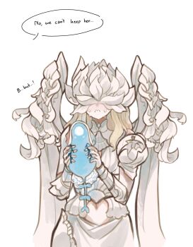 1girl 1other 3: armor clothing_cutout covered_eyes cowboy_shot crying dnuatun elden_ring elden_ring_nightreign english_text gauntlets helmet helmet_over_eyes highres hip_armor holding jellyfish long_hair maris_(elden_ring) navel_cutout ornate_armor sarong speech_bubble standing weapon_bequeathed_harmonia_(elden_ring) white_background white_sarong