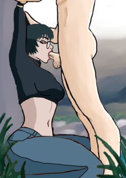 against_wall artist_request black_hair closed_eyes clothed_female_nude_male crop_top curvy denim fellatio glasses grass highres hunter_x_hunter jeans midriff muscular muscular_male navel non-web_source nude oral outdoors pants pubic_hair shizuku_murasaki short_hair source_request thick_thighs thighs wide_hips