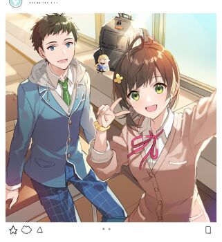 1girl ahoge backpack bag bag_charm blue_eyes blue_pants brown_hair cardigan chair charm_(object) classroom collared_shirt day desk eihi endou_aoto from_above green_eyes green_necktie indoors kobayashi_shihono lieselotte_riefenstahl looking_at_viewer lower_teeth_only neck_ribbon necktie official_art on_desk open_mouth pants plaid_clothes plaid_pants ponytail ribbon school_chair school_desk school_uniform scrunchie selfie shirt sitting smile teeth tsundere_akuyaku_reijou_lieselotte_to_jikkyou_no_endou-kun_to_kaisetsu_no_kobayashi-san v white_shirt window wrist_scrunchie