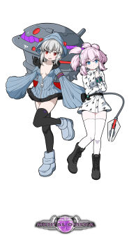 2girls 51qu_de_yeying absurdres black_shoes black_thighhighs blue_eyes breasts cleavage command_&amp;_conquer command_&amp;_conquer:_red_alert command_&amp;_conquer:_red_alert_2 copyright_logo dress grey_hood grey_shoes highres hood horned_hood horns knees libra_(mental_omega) logo machine machinery mechanical_tail mental_omega_(mod) multi-tied_hair multiple_girls no_bra pink_hair pleated_dress pleated_sleeves red_eyes resh_vav_yod_symbol shoes short_hair sleeves_past_fingers sleeves_past_wrists small_breasts tail thighhighs thighs white_background white_hair white_thighhighs wispy_bangs yunru_(mental_omega) zipper zipper_dress