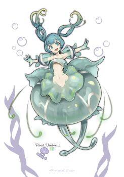 1girl absurdres air_bubble bare_shoulders blunt_bangs body_markings bubble color_guide colored_skin commentary_request detached_sleeves english_text flat_chest gloves green_eyes green_gloves green_hair highres jellyfish jellyfish_girl long_hair long_sidelocks looking_at_viewer low_twintails mermaid monster_girl multicolored_hair navel nude open_mouth organic_bra original outstretched_arms puffy_detached_sleeves puffy_sleeves seaweed see-through_body shitoi_(aqua1487) sidelocks smile solo spread_arms teeth tentacles twintails two-tone_hair upper_teeth_only white_background