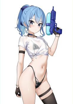 1girl absurdres arm_strap bikini bikini_under_clothes black_gloves black_thighhighs blue_choker blue_eyes blue_hair blue_ribbon breasts choker closed_mouth commentary double-parted_bangs earrings gloves grey_bikini hair_between_eyes hair_ribbon hand_up highleg highleg_bikini highres holding holding_water_gun hololive hoshimachi_suisei jewelry looking_at_viewer navel partially_fingerless_gloves pendant_choker plaid_bikini plaid_clothes ponytail raikkonen ribbon see-through_clothes see-through_shirt shirt sidelocks simple_background single_thighhigh small_breasts solo star_(symbol) star_earrings star_in_eye star_pendant stomach swimsuit symbol_in_eye t-shirt thigh_strap thighhighs tied_shirt trigger_discipline virtual_youtuber water_gun weapon white_background