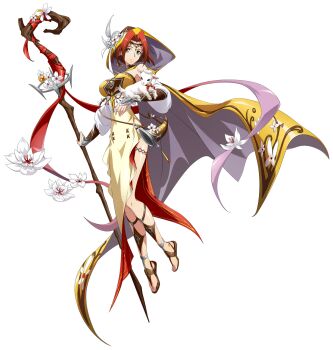 1girl absurdres animal animal_on_arm anna_(langrisser) baby_animal bare_shoulders bracer breasts cape choker circlet closed_mouth corset covered_navel cowl curtained_hair detached_sleeves dress earrings floating floating_clothes floating_flowers flower flower_ornament full_body game_cg goat hair_ornament highleg highleg_dress highres holding holding_animal holding_staff hood horn_(instrument) jewelry langrisser langrisser_iii langrisser_mobile large_breasts legs lily_(flower) looking_at_viewer medium_hair official_alternate_costume official_art puffy_sleeves red_hair red_ribbon ribbon sandals second-party_source shepherd shepherd&#039;s_crook simple_background smile solo_focus staff strapless strapless_dress tachi-e thigh_strap toes transparent_background two-sided_cape two-sided_dress two-sided_fabric white_flower white_sleeves yellow_cape yellow_dress yellow_eyes yellow_hood