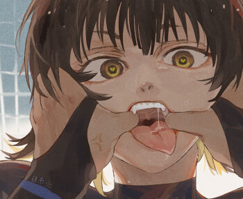 2boys anger_vein bachira_meguru black_hair blonde_hair blue_lock blue_lock_bodysuit commentary_request fangs heart heart-shaped_pupils male_focus mouth_pull multicolored_hair multiple_boys open_mouth saliva short_hair solo_focus symbol-shaped_pupils teeth tongue tongue_out two-tone_hair yellow_eyes zilaihuoye