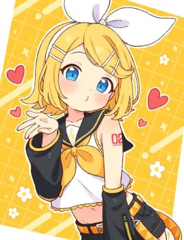 1girl belt blonde_hair blowing_kiss blue_eyes blush bow commentary detached_sleeves hair_bow hair_ornament hairclip heart kagamine_rin navel neckerchief onyhakase parallel_hairclips puckered_lips sailor_collar shirt shorts solo treble_clef vocaloid