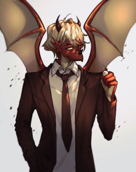 1boy animal_ears black_jacket black_suit collared_shirt commentary dragon_boy dragon_ears dragon_horns dragon_wings english_commentary formal_clothes highres holding horns jacket long_sleeves male_focus monster_boy necktie open_clothes open_jacket original pita-potato pointy_ears shirt short_hair simple_background solo suit white_background white_shirt wings
