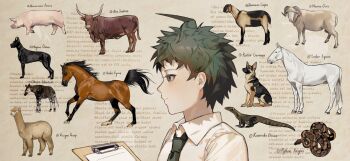 1boy ahoge animal animal_name blush brown_background brown_eyes brown_hair chinese_commentary closed_mouth collared_shirt commentary_request danganronpa_(series) danganronpa_2:_goodbye_despair dog from_side goat green_necktie highres hinata_hajime horse hyena komodo_dragon ku_(covin_tan) latin_text llama male_focus necktie pig portrait profile sheep shirt short_hair snake solo spiked_hair