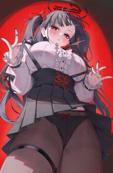 1girl absurdres alternate_costume alternate_hairstyle bakoko black_hair black_halo black_panties blue_archive breasts bright_pupils center_frills frills from_below hair_ornament hairclip halo highres large_breasts long_hair multicolored_halo panties panties_under_pantyhose pantyhose pantyshot red_eyes ringed_eyes rio_(blue_archive) shirt shirt_tucked_in solo strap_pull thigh_strap two-tone_halo two_side_up underwear very_long_hair white_pupils white_shirt