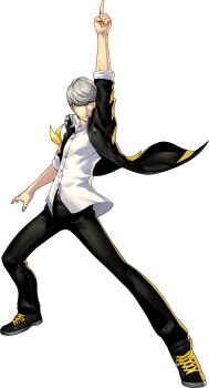 1boy absurdres armband black_pants fabulous full_body grey_eyes grey_hair highres male_focus narukami_yu official_art oribe_hanako pants persona persona_4 persona_4:_dancing_all_night persona_dancing photoshop_(medium) pointing pointing_up school_uniform simple_background solo third-party_source transparent_background white_background yasogami_school_uniform