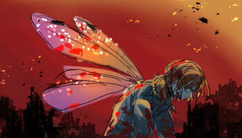 1boy backlighting blood blood_in_hair blood_on_clothes blood_on_face blood_splatter blurry blurry_background brown_hair bug building city cityscape closed_mouth cockroach destruction dirty dirty_clothes embers expressionless facial_hair fire formal_clothes four_wings from_side gregor_(project_moon) hair_between_eyes half-closed_eyes insect jacket jitome kikkoinu leaning_forward limbus_company long_hair long_sleeves looking_down low_ponytail male_focus messy_hair military military_uniform multiple_wings outdoors parted_bangs ponytail profile project_moon red_background red_sky red_theme ruins sanpaku shirt short_hair sitting sketch sky smoke solo stubble transparent_wings upper_body wings yellow_eyes